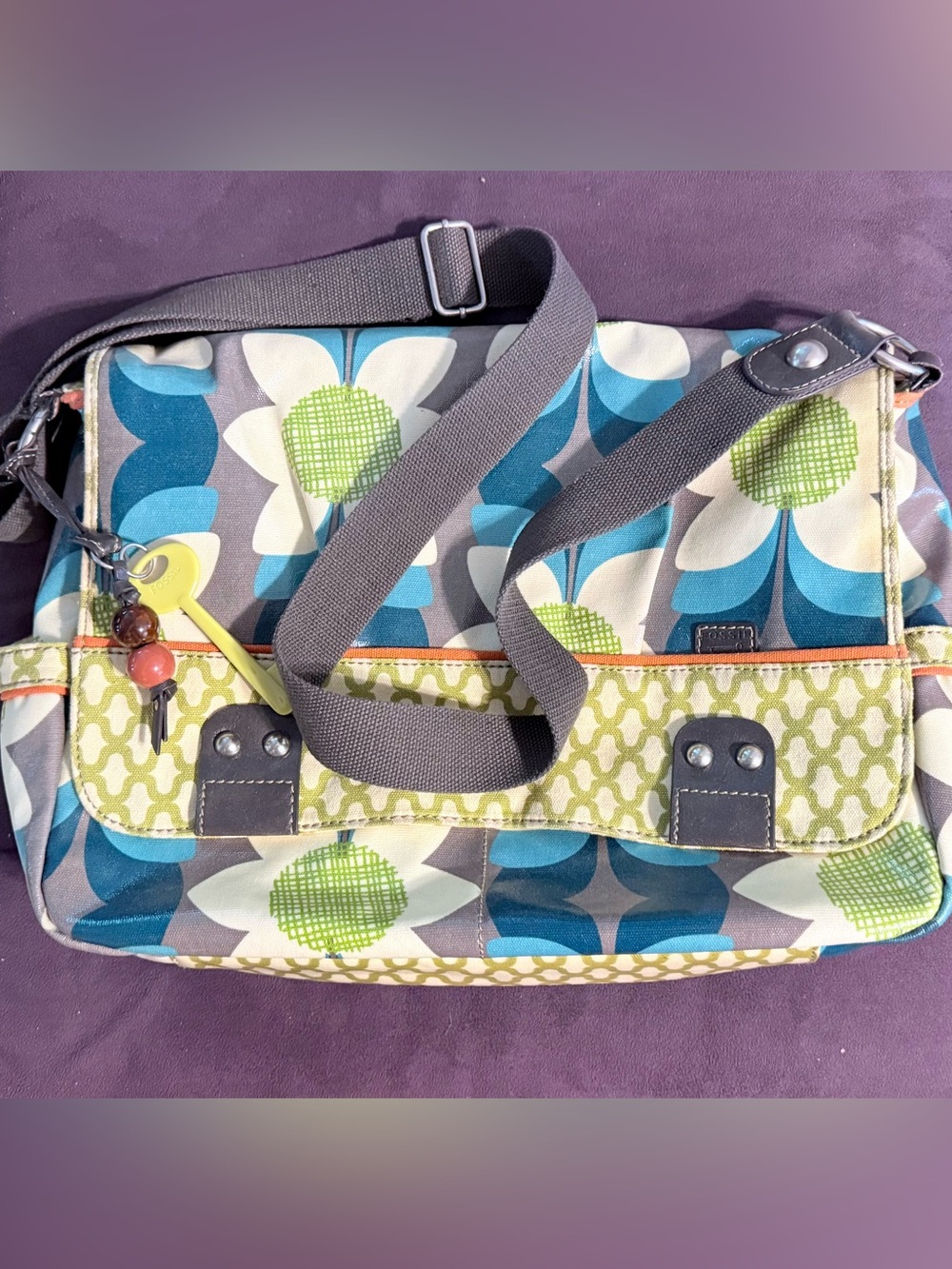 Fossil Floral Messenger Bag in Teal & Green
